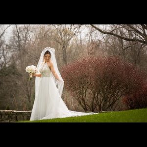 Wedding gown, overlay skirt, veil